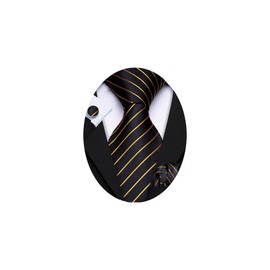 Barry.Wang Stripe Men Ties Set Classic WOVEN Necktie with Handkerchief Cufflinks Formal Black Gold