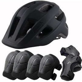 Tlamee Kids Bike Helmet with Protective Gear Set, Safety Knee Elbow Pads Wrist Guards for Ages 3-5-8 Years Boy Girl Skateboard Cycling Scooter Roller Sports Black