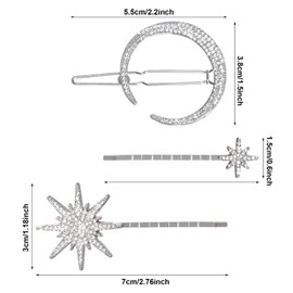 3Pcs Rhinestone Moon Star Hair Clips Metal Bobby Pins Vintage Crystal Hairpins for Women Girl Wedding Birthday