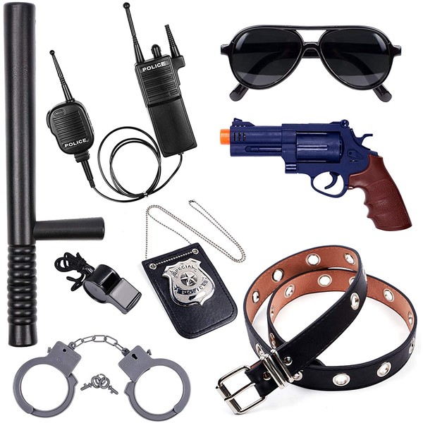 Police Accessories Role Play Set for Kids with Police Badge, Gun, Belt, Handcuffs, Baton, Sunglasses, Walkie Talkie, Whistle Police Toys Birthday Gifts Police Officer Costume Dress Up for Boys Girls