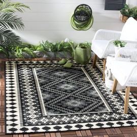 SAFAVIEH Veranda Collection Area Rug - 8' x 10', Black & Creme, Boho Design, Non-Shedding & Easy Care, Indoor/Outdoor & Washable-Ideal for Patio, Backyard, Mudroom (VER099-0421)