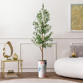 Artificial Tree in Modern Planter, Fake Olive Silk Tree for Indoor and Outdoor Home Decoration - 68" Overall Tall (Plant Pot Plus Tree)