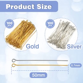 TOAOB 200pcs Eye Pins 2 Inch Brass Head Pins Findings Gold Silver 22 Gauge Open Head Pins for DIY Crafts Necklaces Bracelets Earrings Jewelry Making