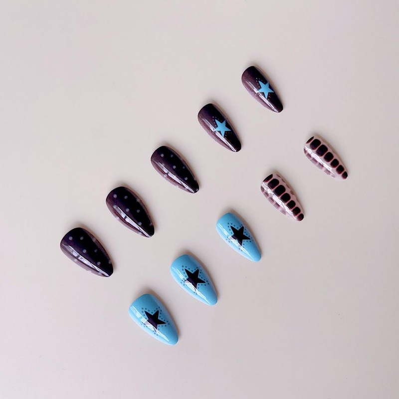 Press on French Tip Nails Medium Almond Fake Nails Stars