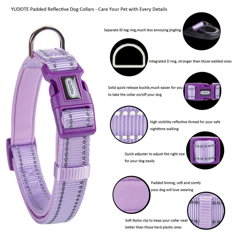 YUDOTE Reflective Adjustable Nylon Dog Collar with Reflevtive Soft Neoprene