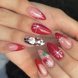 24PCS Almond Fake Nails - Christmas Red False Nails with Glue - Nude Color Snow Bowknot Design Christmas Style - Acrylic Nails Long Lasting Glossy Full Cover Nail Gifts for Women