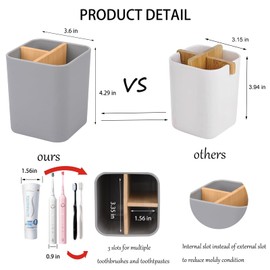 Bamboo Toothbrush Holder for Bathrooms, 3 Slots Toothbrush and Toothpaste Holder Bathroom Counter Organizer for Electric Toothbrushes, Floss, Razors - Gray