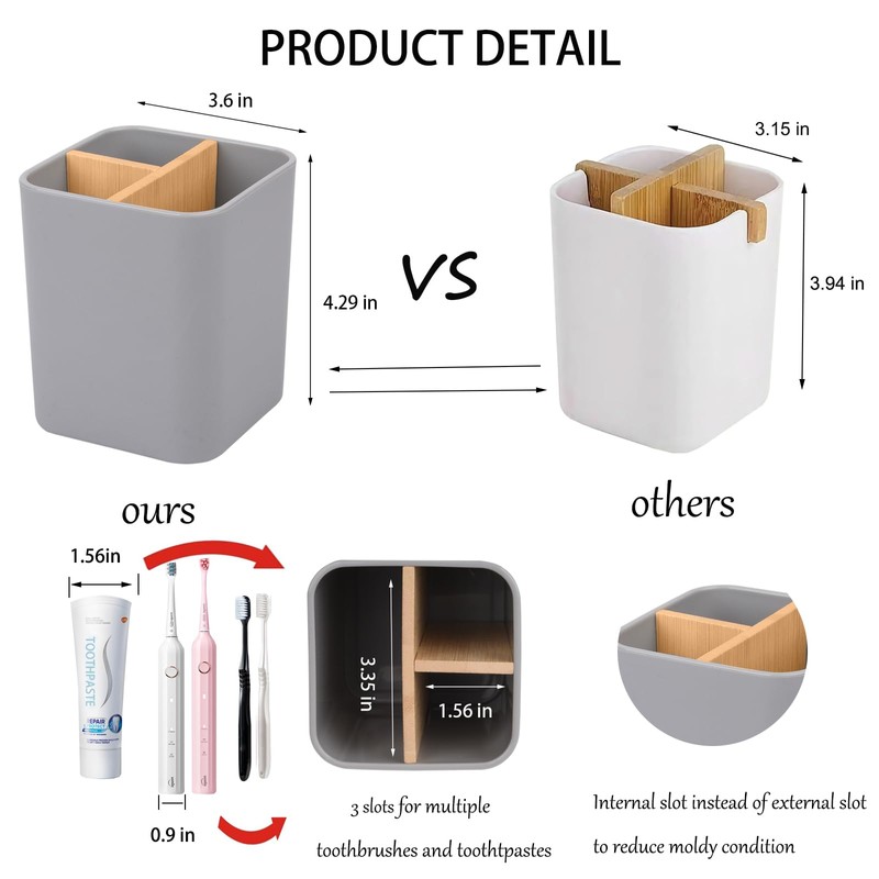 Bamboo Toothbrush Holder for Bathrooms, 3 Slots Toothbrush and Toothpaste