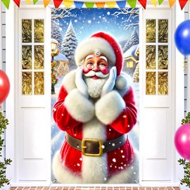 BlissYard Christmas Door Cover Decoration Surprised Santa Snowy Scene 35x71 Inches Front Door Banner Xmas Hanging Decor for Home Holiday Christmas Photo Backdrop Winter Festival Supplies