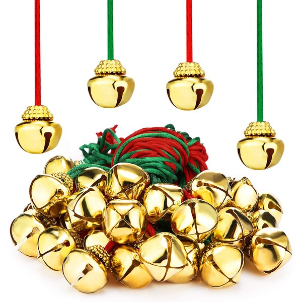 Christmas Large Gold Bell Necklaces for Craft Holiday Party Supplies, Red and Green Cords (48 Pieces)