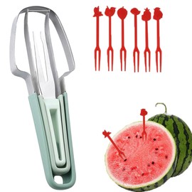 3-in-1 Wassermelonen Schneider, 3-in-1 Watermelon Cutter, 3-in-1 Melonenschneider, Melonenschneider Edelstahl, mit 6 Obstgabeln Ausgestattet, Ideal für Zuhause, Party, Camping