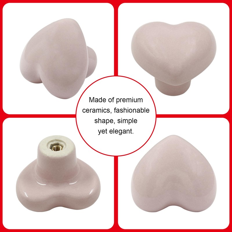 Kemcatui 6-Pack Pink Ceramic Cabinet Knobs - Heart-Shaped Drawer Knobs