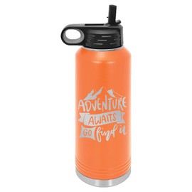 Adventure Awaits Water Bottle | Insulated Water Bottles | Laser Engraved Water Bottle | Stainless Steel Water Bottle with Straw (40 oz, Orange)