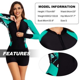 Aivtalk Boyleg Swimsuits for Women One Piece Long Sleeve Bathing Suit Athletic Rash Guard Swimwear Zipper Surfing Suit Black Green XXL