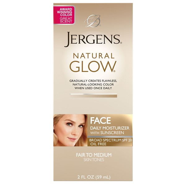 Jergens Natural Glow Face Moisturizer with SPF 20, Self Tanner for Fair to Medium Skin Tone, Daily Facial Sunscreen Lotion, 2 Ounce, Oil Free