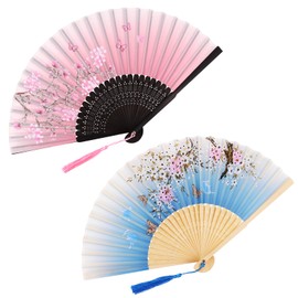 YOLCAR 2 Pack Patterned Silk Folding Fans, Handheld Bamboo Fans with Floral Design, Foldable for Dancing, Wedding Decoration and Party Gifts