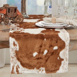Fennco Styles Rustic Faux Fur Cowhide Table Runner 16 x 120 Inch – Brown Table Runner for Banquets, Family Gathering, Special Events, and Home Décor