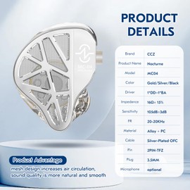 CCZ MC04 in Ear Monitor Headphones, 1DD + BA Hybrid Driver iems for Gaming with Enhanced Bass, Studio-Grade IEM Earphones, Gaming Earbuds, HiFi Wired Earbuds & Detachable Silver-Plated OFC 3.5mm Cable