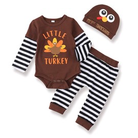 My First Thanksgiving Outfit Infant Baby Boy Letter Printed Romper Turkey Pants with Hat 3PCS Thanksgiving Clothes Sets