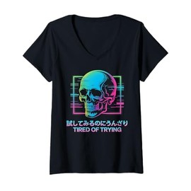 Womens Skull Vaporwave Aesthetic Glitch Art Retro Cyberpunk Edgy V-Neck T-Shirt