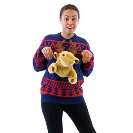 Costume Agent Adult Navy 3D Reindeer Moose Ugly Christmas Sweater (Large)