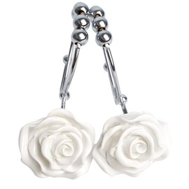 Grace life Set of 12 Rose Decorative Shower Curtain Hooks Resin & Stainless Steel Ring Double Hooks Elegant Style Shower Curtain Hangers for Bathroom (White)