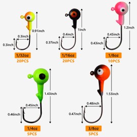 Jig Heads Fishing Hook Set, 60 Pieces Jig Hooks with Round Jig Head Fishing Box for Rubber Fish Size 0.9 g 1.8 g 3.6 g 7.2 g 10.5 g