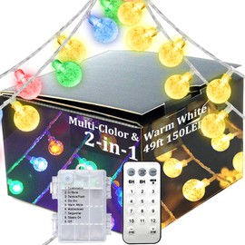 Earffloz Battery 2in1 Globe String Lights (Color Changing & Warm White), 3AA Powered 33 Feet 100 LED Remote Control Timer 8 Modes Dimmable IP44 Weatherproof Lighting for Outdoor Indoor Decor