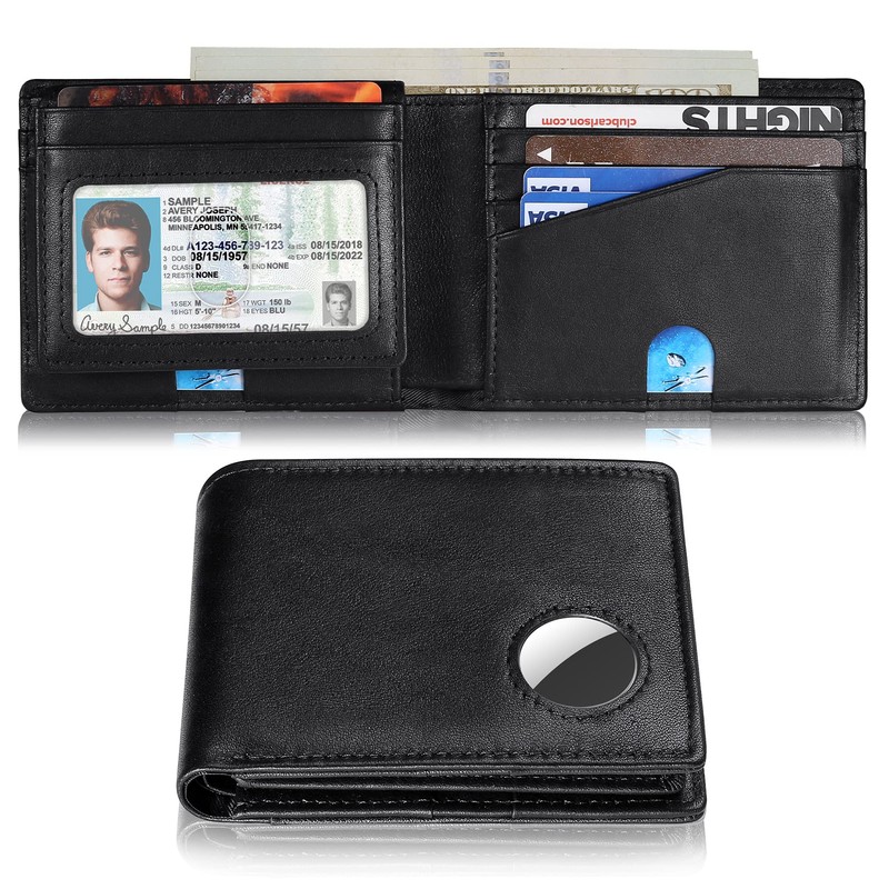 Wallet with AirTag Holder - Bifold Genuine Leather RFID Blocking