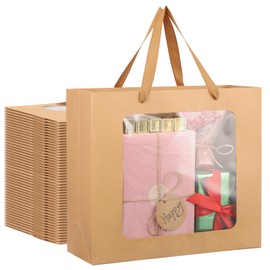 EUSOAR Paper Gift Bags Bulk, 50pcs 12.5"x4.5"x11" Large Kraft Brown Paper Clear Bags with Handles, Gift Shopping Bags with Transparent Window for Birthday Party Favor Wedding