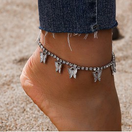 TseenYi Cz Tennis Butterfly Anklet Bracelet Silver Rhinestone Chain Anklet Butterfly Pendant Cz Ankle Bracelet Butterfly Tassel Anklet Sparkling Cz Anklet Beach Foot Chain Jewelry for Women and Girls