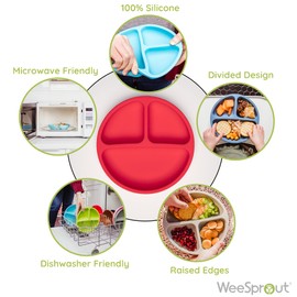 WeeSprout Silicone Plates for Babies & Toddlers (3 Pack) 100% Food-Grade Dishes for Self Feeding, Divided Design & Raised Edges for Picky Eaters, Dishwasher & Microwave Safe Weaning Supplies