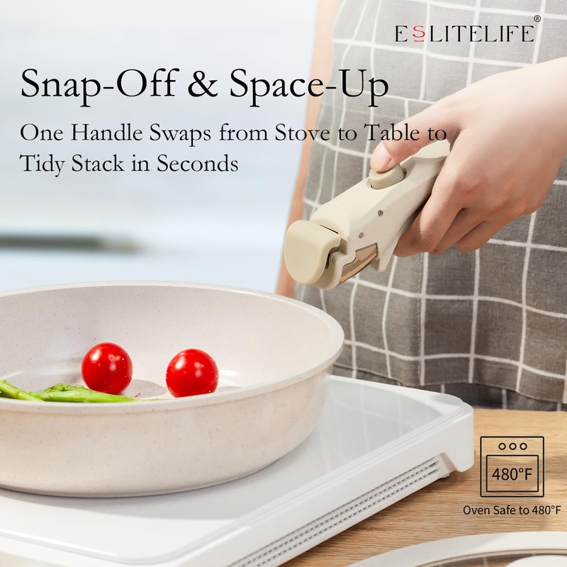 ESLITE LIFE Nonstick Cookware Sets with Detachable Handle,Ceramic Coating Pots