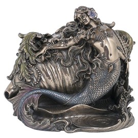 Mermaid and Conch Trinket Box, Bronze Powder Cast Statue 7.5-in