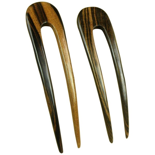 JWL (2) S.E. Asian Ebony Two Prong Curved 4.5 Inch Hair Forks Stick Pick Pic Pin Fork - Hawaiian Style