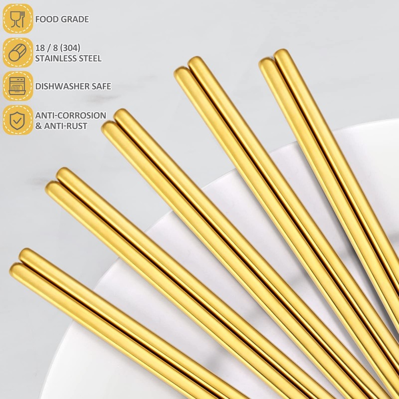 OIULO Gold Stainless Steel Chopsticks - Reusable Chopsticks - 5