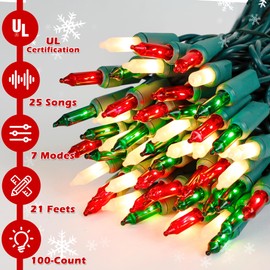Musical Christmas String Lights - 100 Count 21Ft Music Incandescent Light with 25 Classical Holiday Songs, 7 Functions, Volume Control - Christmas Tree Decor for Indoor House Garland Xmas Decorations