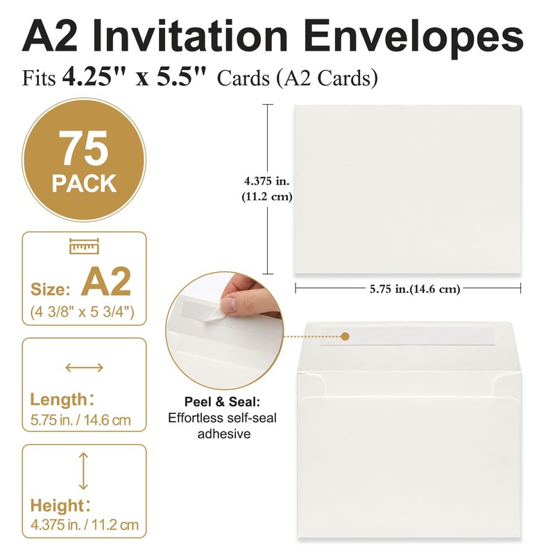 A2 White Envelopes 75 Pack 140gsm Self Seal 4 3/8