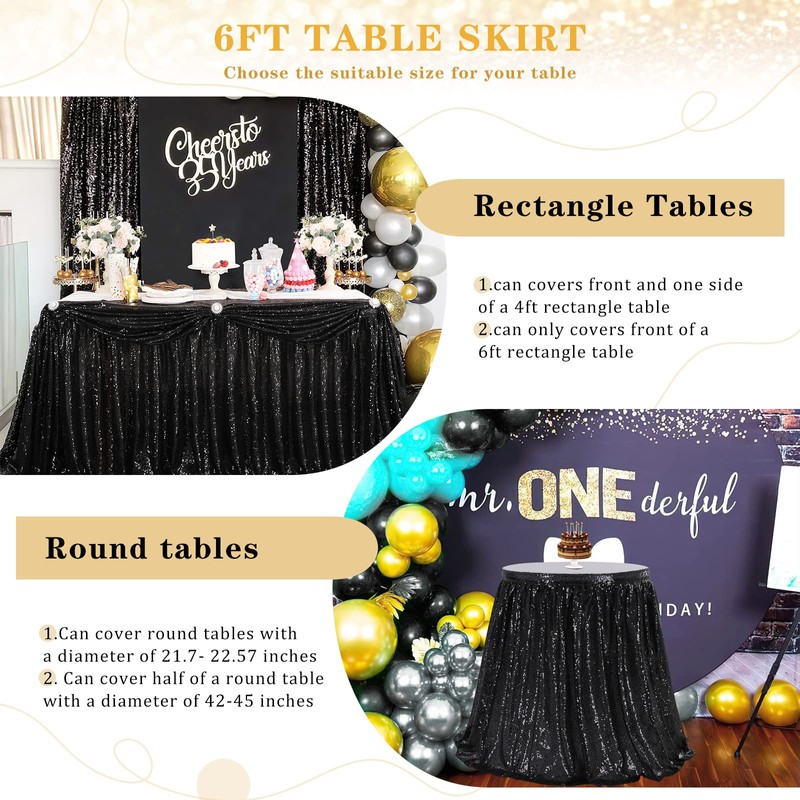 Black Table Skirts for Rectangle Tables 6ft Sequin Table Skirt