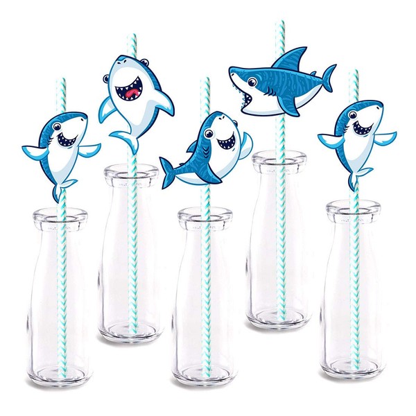 Shark Party Straw Decor, 24-Pack Shark Birthday Party Supply Decorations, Paper Decorative Straws