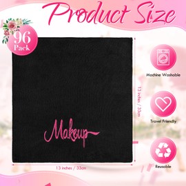 Preboun 96 Pack Makeup Remover Cloths, 13 x 13 Inch Makeup Towels Bulk Soft Microfiber Face Towels Reusable Makeup Washcloths with Makeup Embroidery for Women Skin (Black)