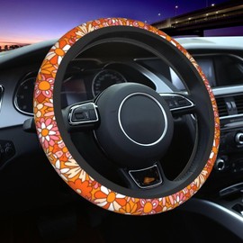 Orange and Pink Flower Steering Wheel Cover for Women Men Girls, Universal 15 Inch Anti Slip Steering Wheel Protector Car Accessories Interior for Auto Truck SUV