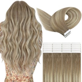 YoungSee Real Hair Extensions Tape Ombre 55 cm Real Hair Tape-in Extensions Brown Ombre Blonde with Brown Straight Tape Extensions Real Hair Ombre Skin Weft Hair Extensions Tape in Long 50 g 20 Pieces #8A/60/8A