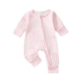 OverDose Boutique Children's Clothing 0 1 Year Old Baby Clothing Sweet Bow Long Sleeve Zipper Female Long Crawling Suit Ballet Leotard Long Sleeve for Girls (Pink, 0-3 Months)