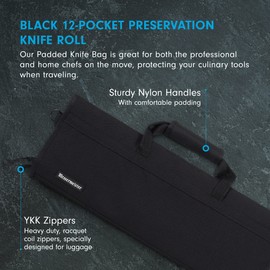 Messermeister Preservation 12-Pocket Knife Luggage, Black - 12 Elasticized, Reinforced Pockets for Culinary Tools - Holds Up to 18” Knife - Made From 100% Recycled Water Bottles