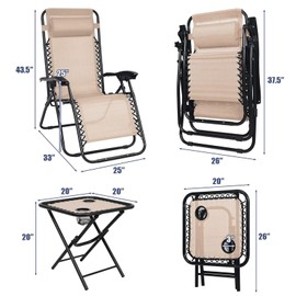 DORTALA 3 PCS Zero Gravity Lounge Chair Set, Outdoor Lounge Chairs w/Removable Headrest and Table w/ 2 Cup Holders, Set of 3 Adjustable Folding Lounge and Table for Balcony Yard Beach Pool, Beige