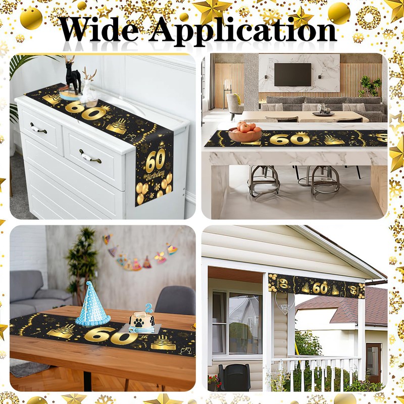 60th Birthday Table Runner, Black Gold Party Birthday Table RunnerTablecloth