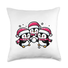 Adorable Penguin Santa Hat Winter Snowball Fight Adorable Cute Penguin Santa Hat Winter Snowball Fight Throw Pillow, 18x18, Multicolor