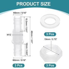 sourcing map 6Pcs Plastic Hose Barb Fitting, 5/16" x 5/16"(8mm x 8mm) Bulkhead Adapter Union Splicer Mender Pipe Connector with M12 Nut and Washer for Aquarium Air Water Fuel