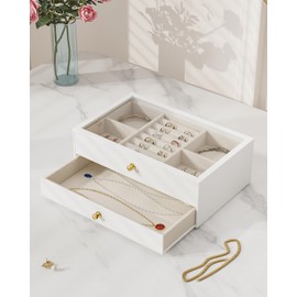 Messmenos Jewelry Box with Glass Lid, Acrylic Jewelry Organizer for Women Girls, 2 Layers Jewelry Chest Storage Case for Earring, Ring, Necklace, Bracelets - White